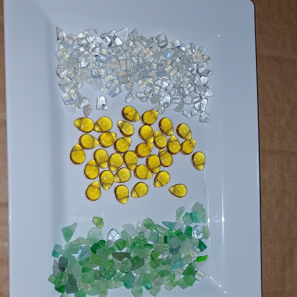 Colorful Glass Beads .Clear,green and Opaline Chips .Amber Colored Teardrop Lot